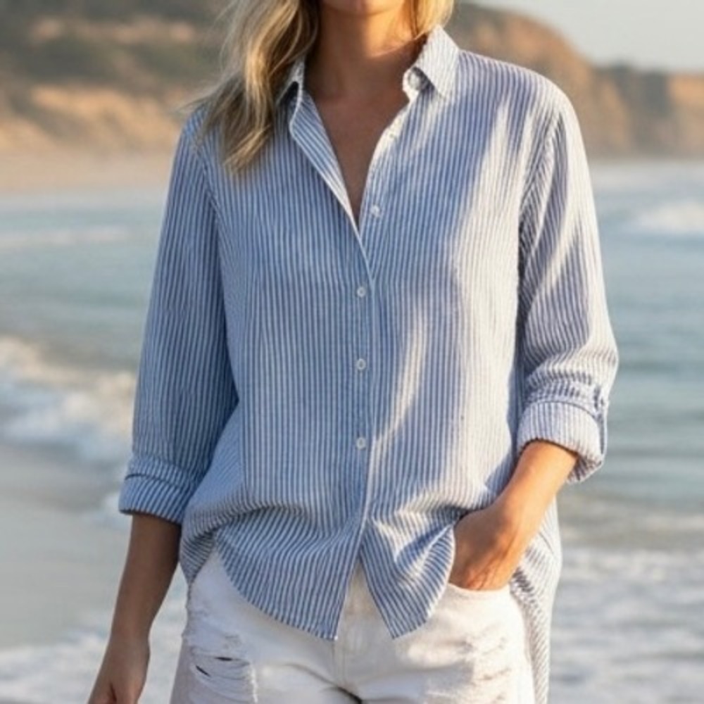 H&M Shirt Blue White Striped Cotton Button Down Sz 6 Coastal Hamptons Classic